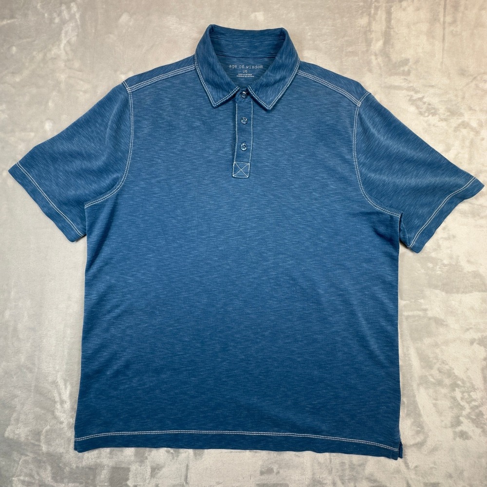 Age of Wisdom Polo Shirt Mens Large Blue Short Sleeve Contrast Stitch Slub Knit